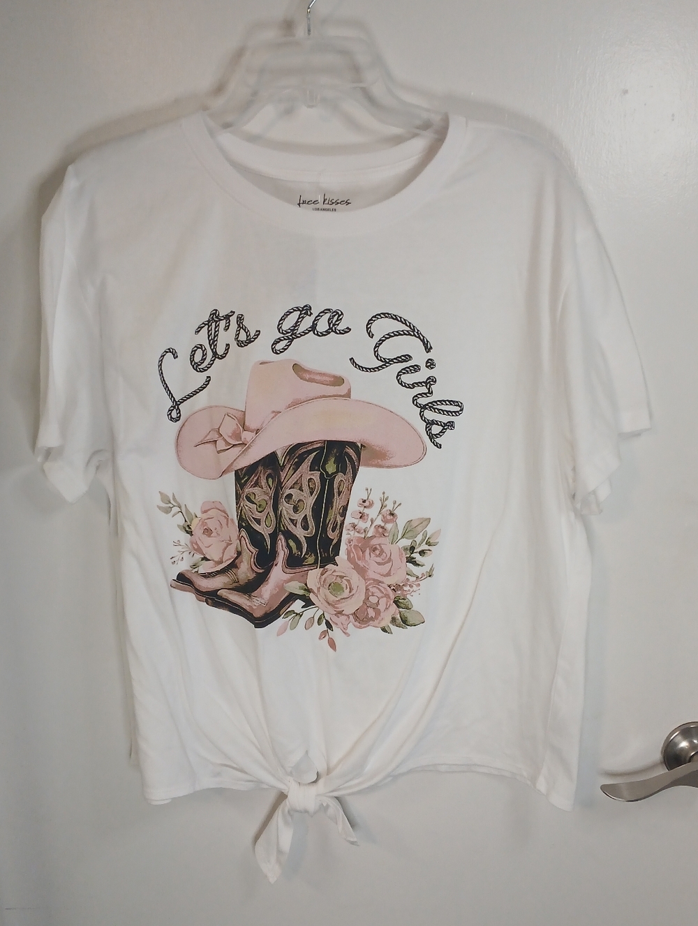 White & Pink Let's Go Girls Cowboy Hat & Boots Graphic Tee 2X New!
